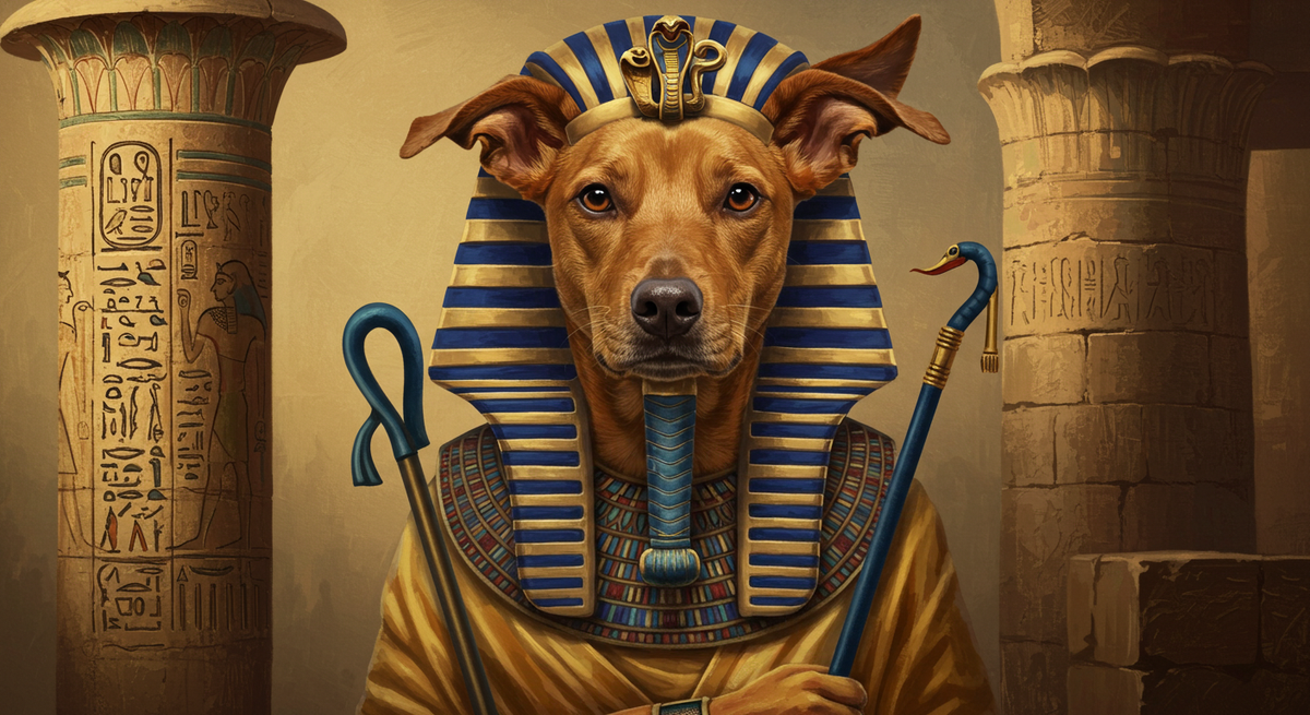 Dog wearing an Egyptian pharaoh costume with hieroglyphics and columns in the background