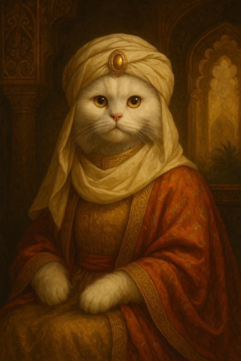 Cat wearing a white turban and red robe in a decorative setting